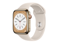Apple Watch Series 8 (GPS + Cellular) - 45 mm - guld, rostfritt stål - smart klocka med sportband - fluoroelastomer - starlight - bandstorlek: standard - 32 GB - Wi-Fi, LTE, Bluetooth, UWB - 4G - 51.5 g