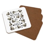 Mother Of Pugs Coaster Drinks Mat Set Of 4 Crazy Lady Man Animal Lover Dog Funny
