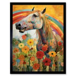 Girls Bedroom Nursery Artwork Rainbow Horse With Flowers Bright Colourful Happy Art Print Framed Poster Wall Decor 12x16 inch