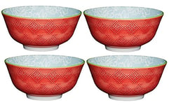 KitchenCraft Set of 4 Glazed Stoneware Bowls with Tile Flower Pattern, Red & Blue Ceramic Bowls with Footed Base, Microwave & Dishwasher Safe, 15.7 cm (6"), POKCBOWL13