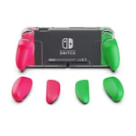 Skull & Co. GripCase Crystal: A Dockable Transparent Protective Cover Case with Replaceable Grips [to fit All Hands Sizes] for Nintendo Switch [No Carrying Case] - Neon Green(L)+Neon Pink(R)