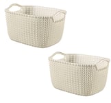 Curver Knit Collection Rectangle Handled Plastic Kitchen Garden Storage Basket (Large Oasis White, Set of 2)