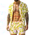 Män Hawaii Boho Sommar Outfit Kortärmad Skjorta Shorts Set Semester StrandBY Yellow M