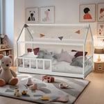 Lit cabane 90 x 190 cm + sommier + barrière TIKI blanc Taille unique