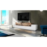 Dmora - Meuble tv de salon, Made in Italy, Meuble tv avec 3 portes et étagères, 240x45h52 cm, Couleur blanc brillant et érable, avec emballage