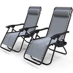 VOUNOT Set of 2 Zero Gravity Sun Loungers, with Cup Holder and Phone Hoder, Adjustable Textoline Reclining Garden Chairs, Grey