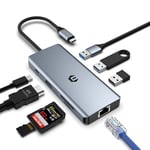 OOTDAY Hub USB C, Splitter USB C, 8 en 1 Adaptateur multiport USB C pour MacBook, Station d'accueil Double écran avec 4K HDMI, LAN RJ45, USB 2.0, 100W PD, SD/TF, 2 USB 3.0