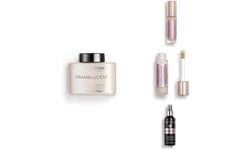 Makeup Revolution, Perfect Base Face Bundle, Conceal & Define C6 / F6 Concealer & Foundation, Translucent Loose Baking Powder and Glow Fixing Spray
