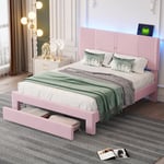 Dubbelsäng med sammetsöverdrag 140 x 200 cm - med LED- och USB-laddningsanslutning - med stor låda - Rosa