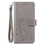Huawei Honor 9A Phone Case, Shockproof Flip Lucky Clover New PU Leather Wallet Cover with Soft TPU Bumper Card Holder Stand Wrist Strap Folio Magnetic Protective Case for Huawei Honor 9A, Grey
