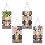 4 Pcs Wall Glass Planter with Wood Board and LED Light Wall Bud Vase Rustic Decor for Propagating Hydroponics Plants Hanging Terrarium for Indoor Office Home Decorations, L