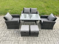 6 Seater Outdoor Garden Furniture High Back Rattan Sofa Dining Table Set with 2 Small Footstools Dark Grey Mixed