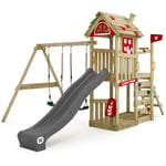 Wickey - Aire de jeux Portique bois FarmFlyer Tois avec balançoire et toboggan Maison enfant exterieur avec bac à sable, échelle d'escalade &