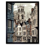 Shambles Street Cityscape with York Minster Towers Art Print Framed Poster Wall Decor 12x16 inch