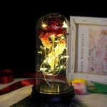 Gold Artificial Rose Led Light String Glass Cover Wooden Base Red