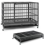 Hopfällbar hundbur med 2 dörrar & Roller & utdragbar bricktransportbur transportlåda 120 x 76 x 90 cm