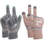Vinterhandskar för kvinnor med pekskärm, stretchiga stickade varma vantar, vintertermik, damhandskar, smartphones, sms-handskar, en storlek (rosa och grå) 2-pack