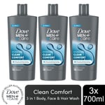 Dove Men+Care 3in1 Body Face & Hair Wash Clean Comfort or Extra Fresh 700ml, 3pk