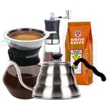 La Cafetière Pour Over 3 koppar, Hario V60 Kanna, Manuell Kaffekvarn och Rigtig Kaffe Tanzania No. 2 - 400g Hela kaffebönor
