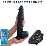 Dildo BIG GIRTHY 12 Inch Realistic Black Suction Cup STRAP-ON KIT Black Harness