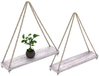 Ruiuzioong Rustic Set of 2 Wooden Floating Shelves with String Farmhouse Hanging Shelves for Living Room Wall Small Kitchen Shelves with Rope - 17”x5.2” (Rustic White)