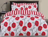 Easy Care 3 Pcs Reversible Pattern Printed Duvet Cover Set With 2 Pillow Cases (Red Flower, Super King 260 x 220)