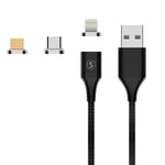 SiGN Magnetisk kabel USB-C/Lightning/Micro-USB til USB-A/USB-C, 2,4A, 1m - Svart