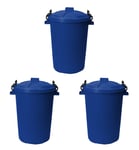 Set of 3 Plastic 50L Dustbin Heavy Duty Storage Kitchen Home Locking Lid, Blue