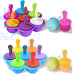 Silikonformar för Glass och Popsicles för Bebisar, 2 Stycken, 7 Hålrum, med Färgglada Plastpinnar, BPA-fria (Blå, Lila)