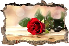 pixxp Rint 3D WD s2062 _ 92 x 62 Magnifique Rose Rouge sur Table en Bois sur Toile percée 3D Sticker Mural, Vinyle, Multicolore, 92 x 62 x 0,02 cm