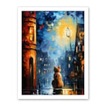 Artery8 A Street Cat Named Desire Palette Knife Oil Painting Ginger Cat Village Night Artwork Framed Wall Art Print 18X24 Inch