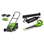 Greenworks 2x24V 36cm Battery-Powered Lawnmower G24X2LM36K2x with 2x2Ah Battery and Dual Slot Charger & 2X24V Cordless Leaf Vacuum and Leaf Blower 2-in-1 GD24X2BV Tool Only
