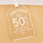 Personalised 50th Birthday Bottle Tag Clear Acrylic Engraved Gift Idea For Her 