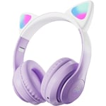 Lila-Kids Hörlurar, Bluetooth Trådlösa Hörlurar för Barn Tonåringar Vuxna, Över-Öra Bluetooth Hörlurar med Mikrofon, Kattöron Hörlurar för Flickor