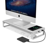 Vaydeer Monitor Stand with Wireless Charging and 4 USB 3.0 Ports, Metal Computer Stand Riser for Desk, Aluminum PC Screen Stand for Office, Laptop, Computer, iMac, Printer up to 32 Inches - Silver