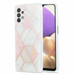 Lijc Compatible with Samsung Galaxy A32 5G Case Plating Double-sided IMD Splicing Marble [Free Screen Protector ] Hard TPU Silicone Bumper Shockproof Cover-Pink-white