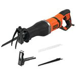 BLACK+DECKER Scie Sabre - 750 W - Vitesse Variable - 2800 crs/min - Profondeur de Tête Ajustable - Changement de Lame Sans Outil - Support de Branches Amovible et 2 Lames - BES301-QS Sans coffret Noir/Orange