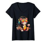 Womens 3DCute DJ Cat in Sunglasses, Funny House Cat with Headphones V-Neck T-Shirt