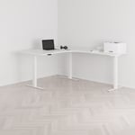 Höj och sänkbart hörnskrivbord, högersvängt, vitt stativ, vit bordsskiva 160x200cm