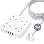 LENCENT 3M Extension Lead with USB C Port (3250W 13A), 4 Way Outlets Power Strip with 1 USB-C and 3 USB Slots, Multi Power Plug Extension with 3M Braided Extension Cord for Home Office- White