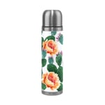 BKEOY Travel Mug Vacuum Insulated Stainless Steel Double Wall Leak Proof Mug Bottles Cactus Floral Summer Personalized Printed Genuine Leather Wrapped Thermos Flask 500ml