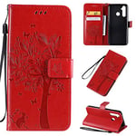 NO LOGO Anti-fall Phone Case For OPPO Realme 5 Pro Case, Cat & Tree Embossment Pattern Leather Wallet Case, Folio Stand Case With Card Holder And Handwrist (Color : Red)