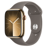 Refurbished Apple Watch Series 9 GPS + Cellular, 45mm Gold Stainless Steel Case with M/L Clay Sport Band