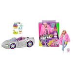 Barbie Extra Vehicle, Sparkly Silver 2-Seater Convertible Car, Gift for 3 +​ & Extra Doll #3 - Pink Fluffy Coat - Playset with 15 Fashion and Pet Accessories - Gift for Kids 3+ - GRN28