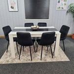 Kitchen Dining Table Set Of 6 Wooden Table and Black Velvet Tufted Chairs