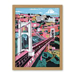 Artery8 Clifton Suspension Bridge Pink and Teal Cityscape Artwork Framed Wall Art Print 18X24 Inch