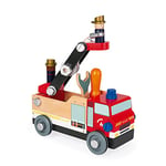 Janod - Camion de Pompiers Brico'kids en Bois - Jeu de construction - Avec 2 Pompiers - 45 Pièces, Facile à Monter - Jouet en Bois Certifié FSC - De 3 à 8 Ans, J06469