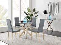 Novara 100cm Round Tempered Glass Dining Table with Gold Legs & 4 Milan Faux Leather Chairs