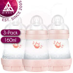 MAM Anti-Colic Pink Baby Feeding Bottle│Slow Flow Teat│SelfSterilising│160ml│3Pk