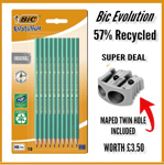 Bic Evolution ECO PENCILS x 10 authentic graphite HB 57% RECYCLED FREE SHARPENER